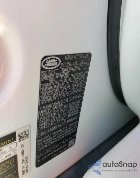 2020 Land Rover Range Rover Velar R-Dynamic S z USA, uszkodzony, nr VIN SALYK2EX4LA244014